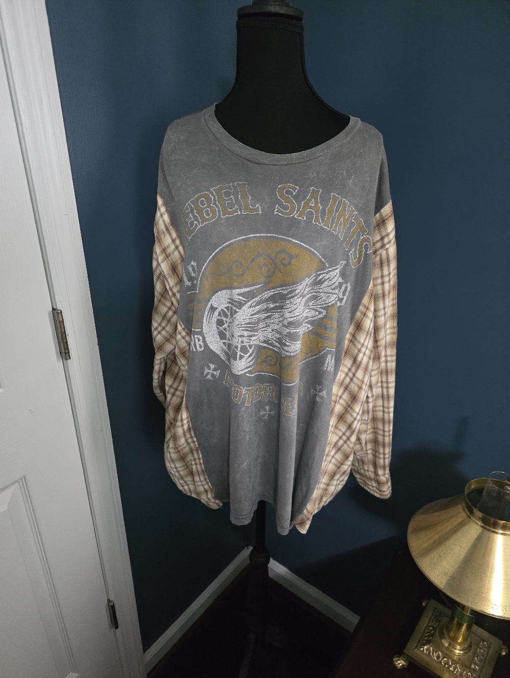 Rebel Saints Grey Pullover with Plaid Sleeves